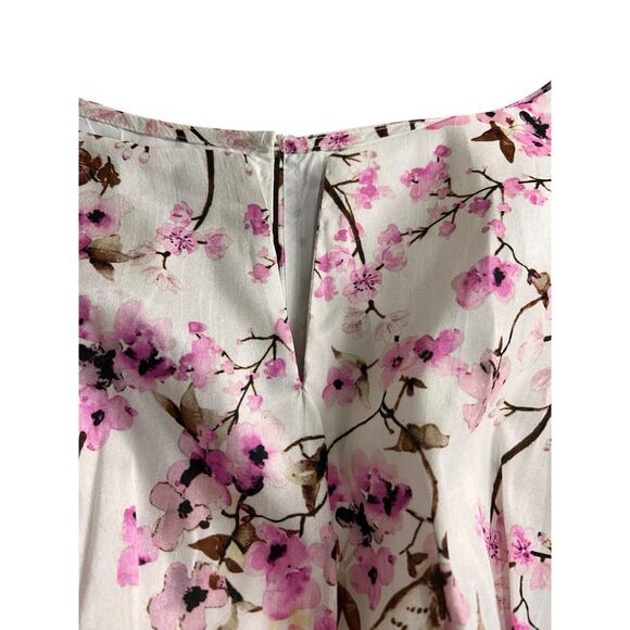 Cherry Blossom Print Dupioni Midi Dress Sz 16 Split Boat Neck Sash Belt New - Picture 5 of 13